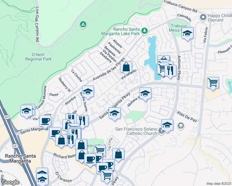 map of restaurants, bars, coffee shops, grocery stores, and more near 73 Gaviota in Rancho Santa Margarita