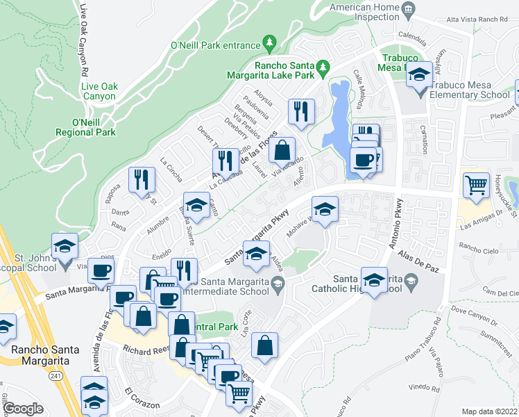 map of restaurants, bars, coffee shops, grocery stores, and more near 19 Gavilan in Rancho Santa Margarita