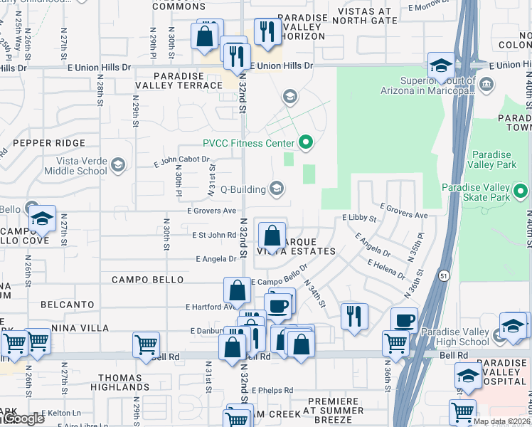 map of restaurants, bars, coffee shops, grocery stores, and more near 3214 East Libby Street in Phoenix