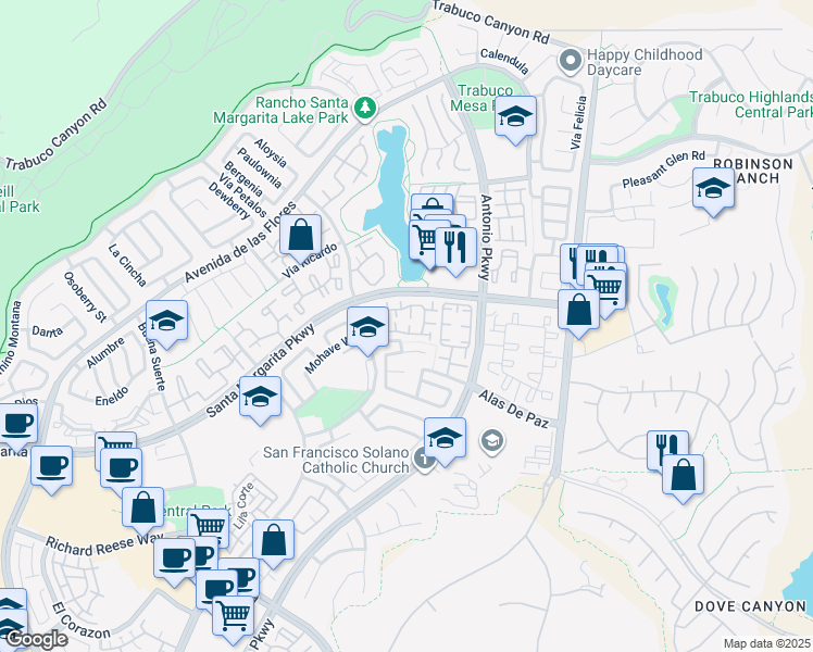 map of restaurants, bars, coffee shops, grocery stores, and more near 33 Wild Horse Loop in Rancho Santa Margarita