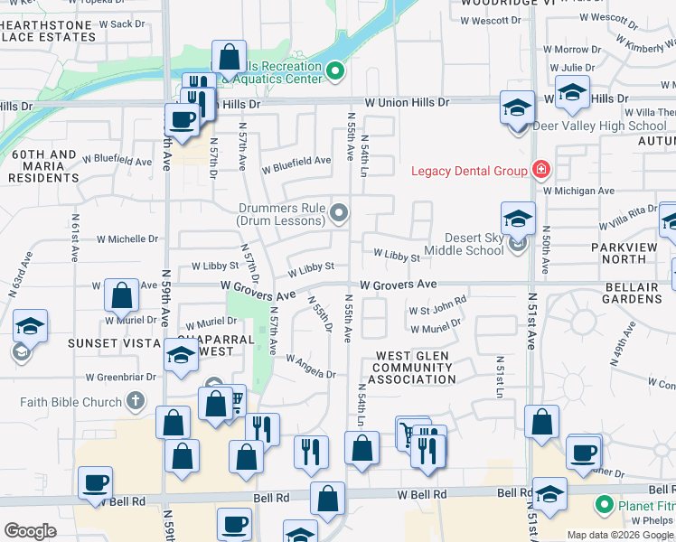 map of restaurants, bars, coffee shops, grocery stores, and more near 17824 North 54th Lane in Glendale
