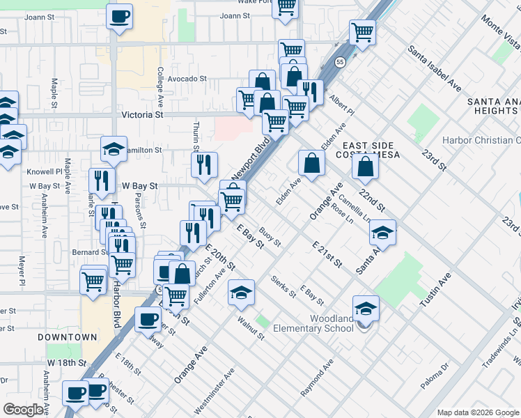 map of restaurants, bars, coffee shops, grocery stores, and more near 2077 Tablelands Way in Costa Mesa