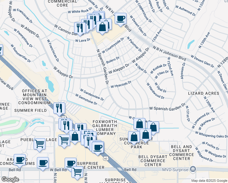 map of restaurants, bars, coffee shops, grocery stores, and more near 13535 West Hyacinth Drive in Sun City West