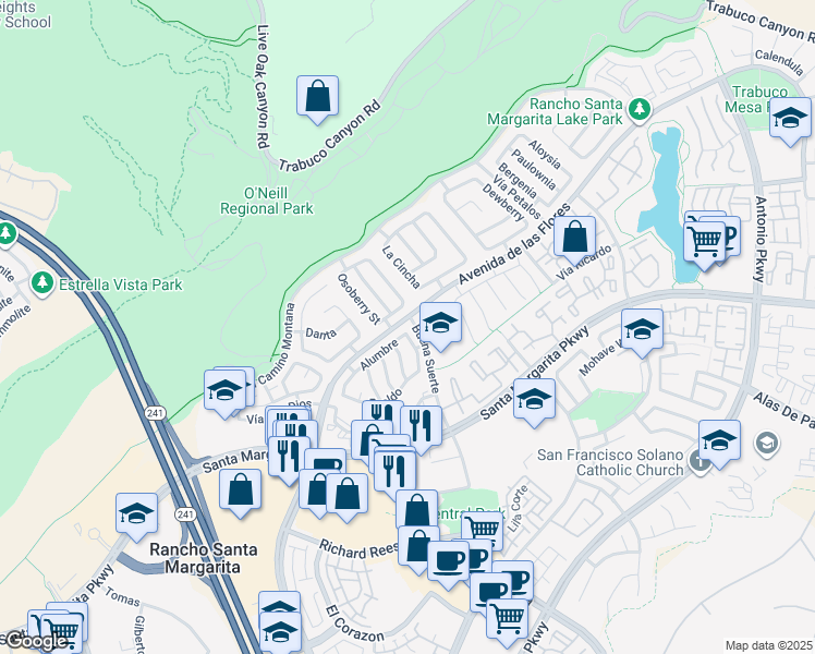 map of restaurants, bars, coffee shops, grocery stores, and more near 8 Nutmeg Street in Rancho Santa Margarita