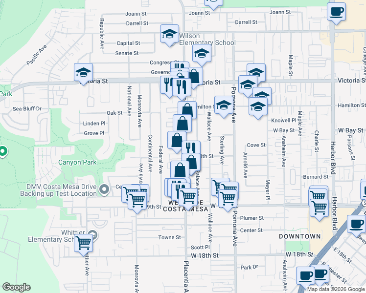 map of restaurants, bars, coffee shops, grocery stores, and more near 2015 Placentia Avenue in Costa Mesa