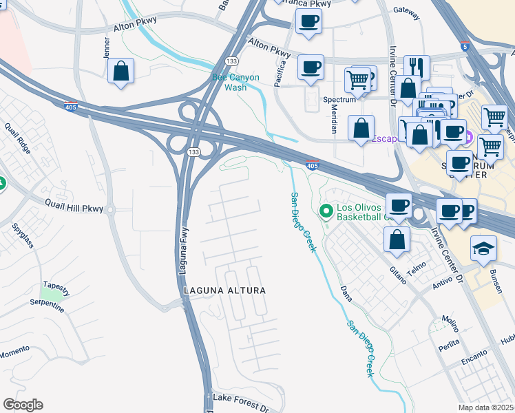 map of restaurants, bars, coffee shops, grocery stores, and more near 107 Bianco in Irvine