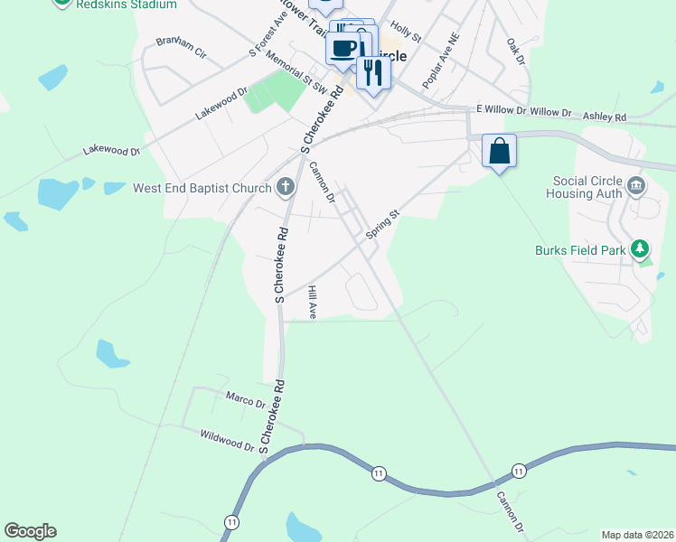map of restaurants, bars, coffee shops, grocery stores, and more near 495 Spring Street in Social Circle