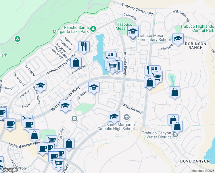 map of restaurants, bars, coffee shops, grocery stores, and more near 33 Wild Horse Loop in Rancho Santa Margarita