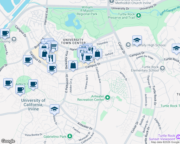 map of restaurants, bars, coffee shops, grocery stores, and more near 4100 Adobe Circle Road in Irvine