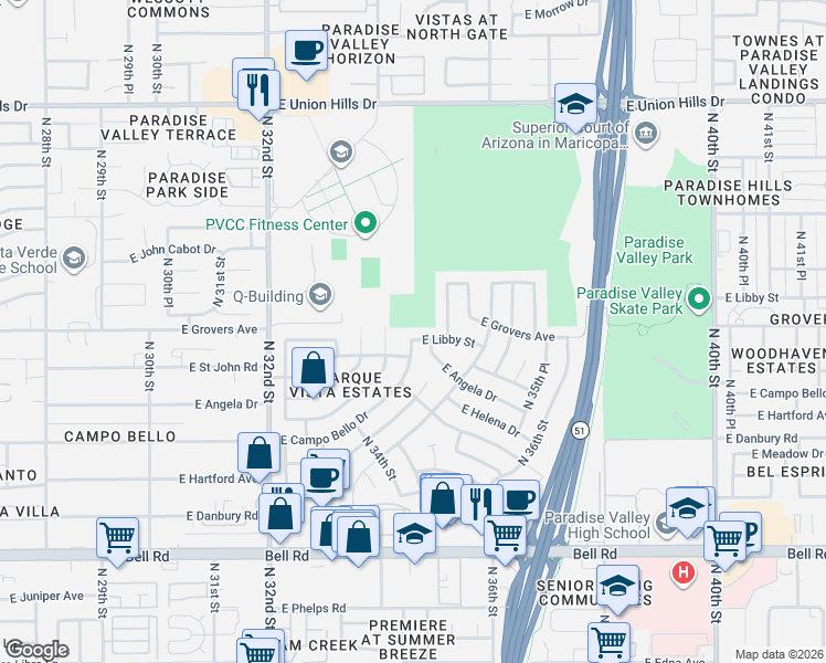 map of restaurants, bars, coffee shops, grocery stores, and more near 3406 East Libby Street in Phoenix