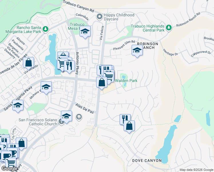 map of restaurants, bars, coffee shops, grocery stores, and more near 21672 Plano Trabuco Road in Trabuco Canyon