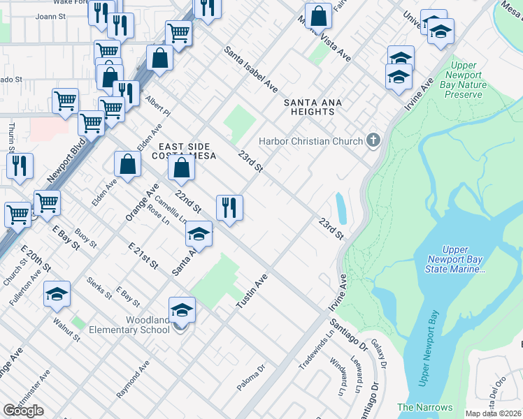 map of restaurants, bars, coffee shops, grocery stores, and more near 337 Vista Baya in Costa Mesa