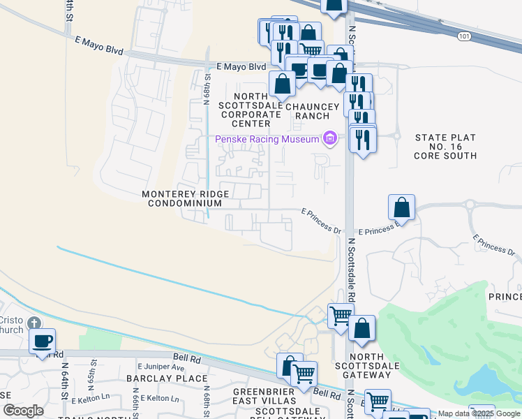 map of restaurants, bars, coffee shops, grocery stores, and more near 6900 East Princess Drive in Phoenix