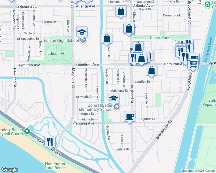map of restaurants, bars, coffee shops, grocery stores, and more near 21682 Impala Lane in Huntington Beach