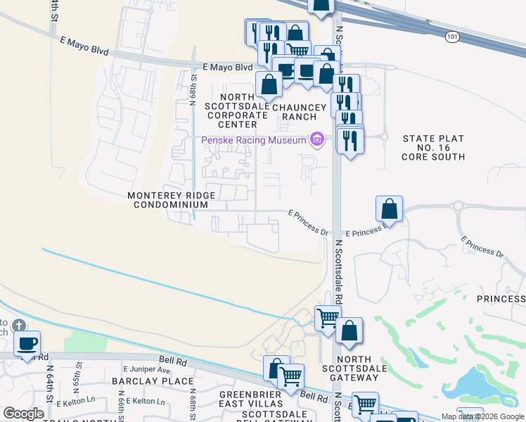 map of restaurants, bars, coffee shops, grocery stores, and more near East Princess Drive in Phoenix