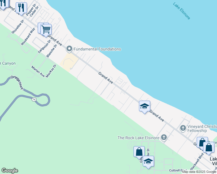 map of restaurants, bars, coffee shops, grocery stores, and more near 33056 Garner Road in Lake Elsinore