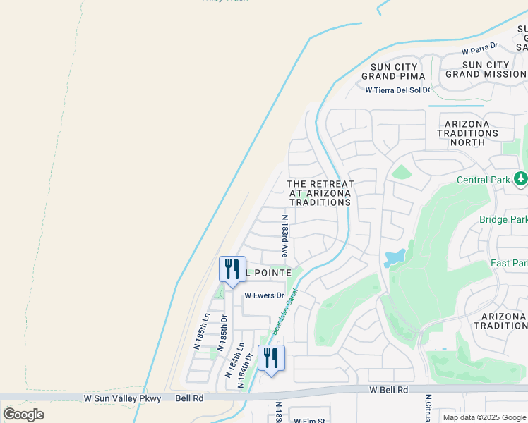 map of restaurants, bars, coffee shops, grocery stores, and more near 18411 West Weatherby Drive in Surprise