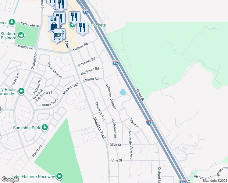 map of restaurants, bars, coffee shops, grocery stores, and more near 32555 Mesa Drive in Lake Elsinore