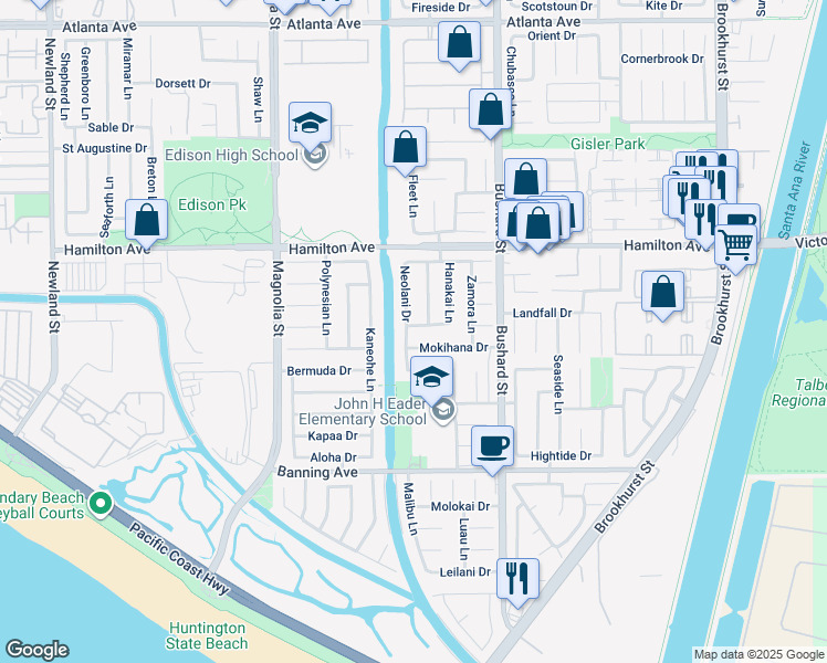 map of restaurants, bars, coffee shops, grocery stores, and more near 21682 Impala Lane in Huntington Beach