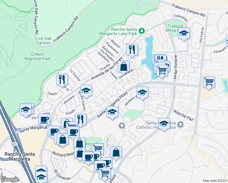 map of restaurants, bars, coffee shops, grocery stores, and more near in Rancho Santa Margarita