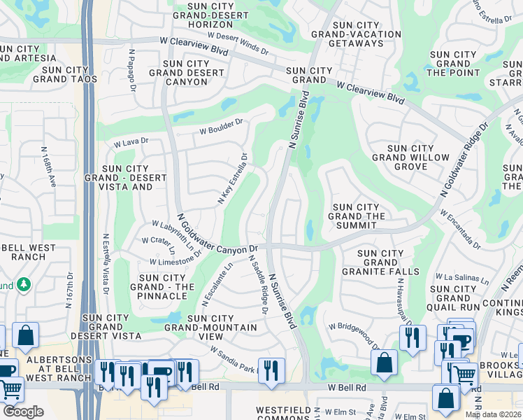 map of restaurants, bars, coffee shops, grocery stores, and more near 16124 West Blue Aster Court in Surprise