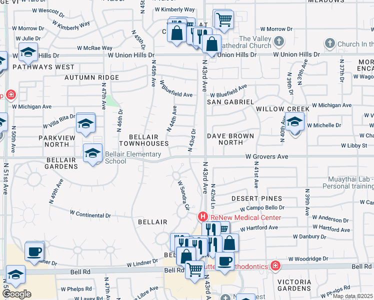 map of restaurants, bars, coffee shops, grocery stores, and more near 17810 North 43rd Drive in Glendale