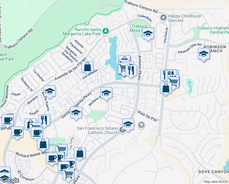 map of restaurants, bars, coffee shops, grocery stores, and more near 11 Wild Horse Loop in Rancho Santa Margarita