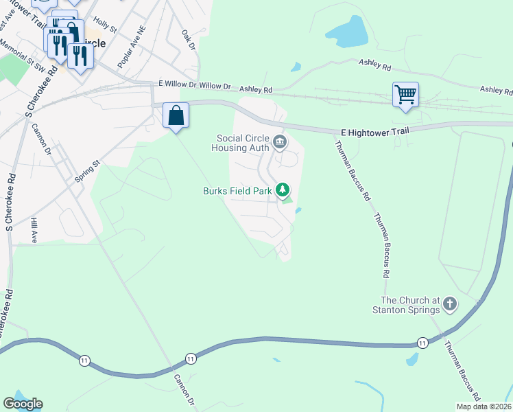 map of restaurants, bars, coffee shops, grocery stores, and more near 510 Dove Way in Social Circle