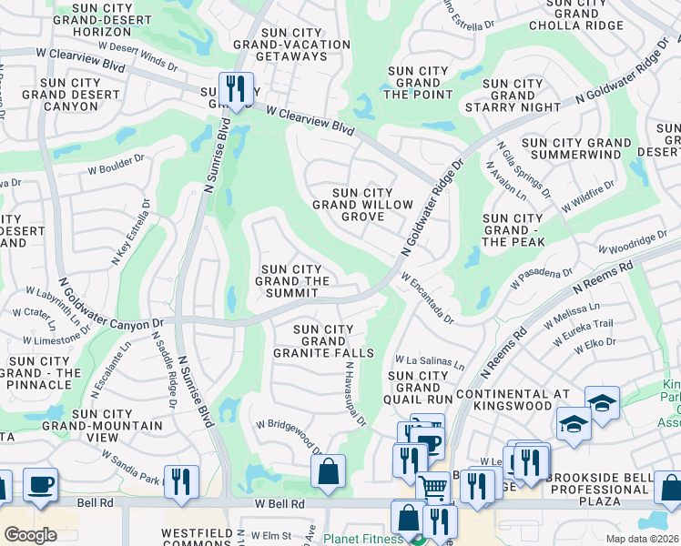 map of restaurants, bars, coffee shops, grocery stores, and more near 18011 North Timber Ridge Drive in Surprise