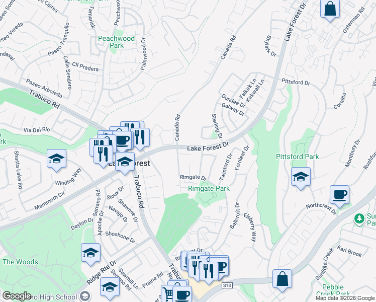 map of restaurants, bars, coffee shops, grocery stores, and more near 25645 Ashby Way in Lake Forest