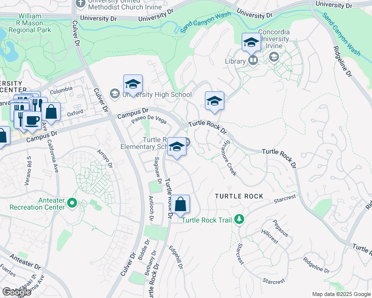 map of restaurants, bars, coffee shops, grocery stores, and more near 5151 Amalfi Drive in Irvine