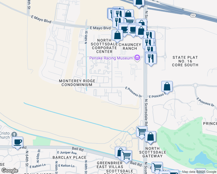 map of restaurants, bars, coffee shops, grocery stores, and more near 6900 East Princess Drive in Phoenix