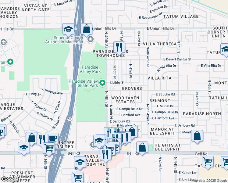 map of restaurants, bars, coffee shops, grocery stores, and more near 17805 North 40th Street in Phoenix