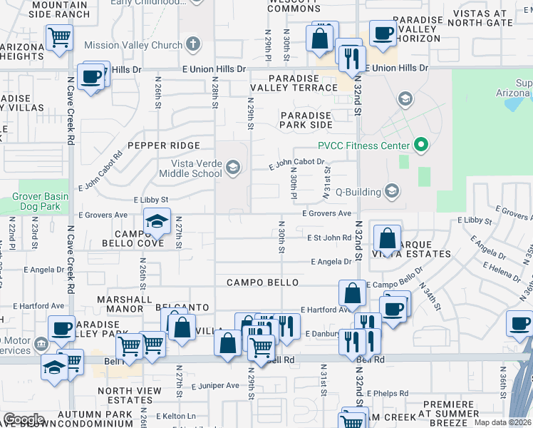 map of restaurants, bars, coffee shops, grocery stores, and more near 2942 East Grovers Avenue in Phoenix
