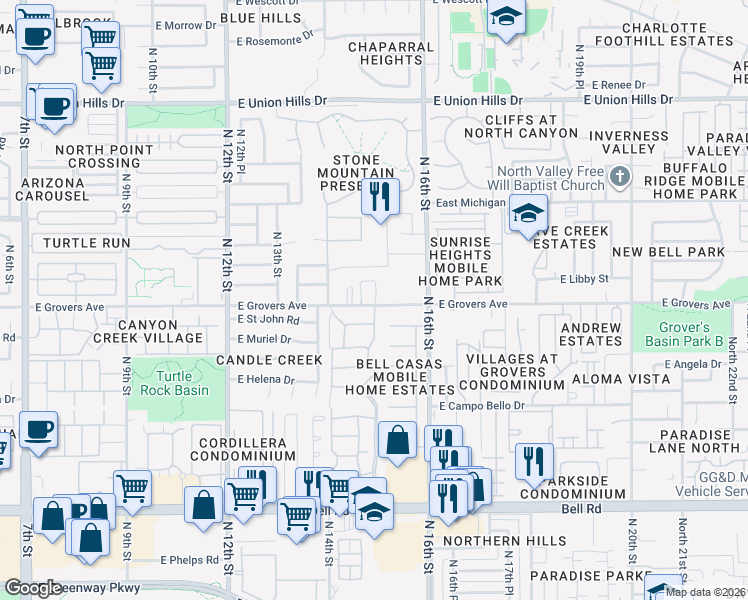 map of restaurants, bars, coffee shops, grocery stores, and more near 1502 East Grovers Avenue in Phoenix