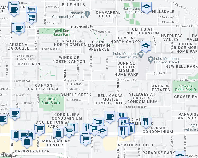 map of restaurants, bars, coffee shops, grocery stores, and more near 1426 East Grovers Avenue in Phoenix