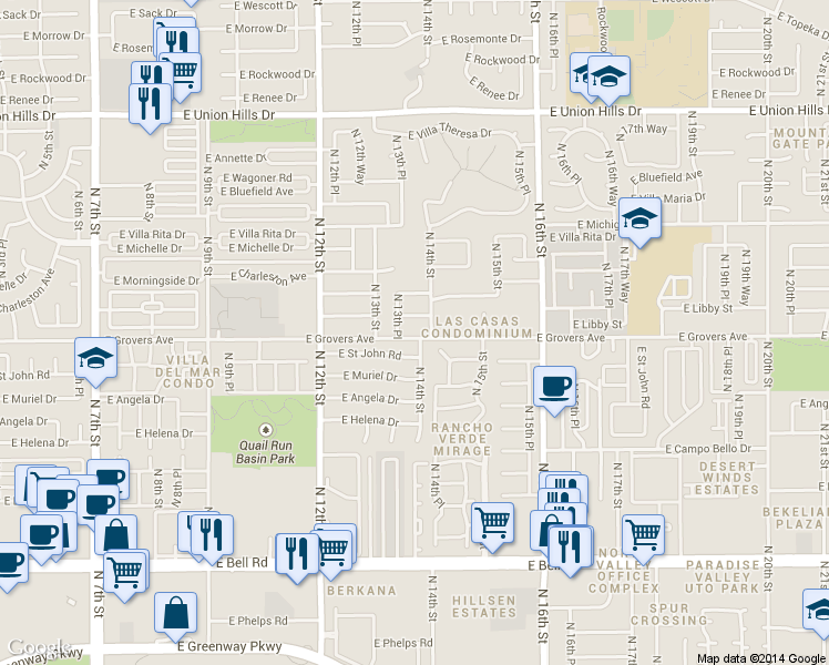 map of restaurants, bars, coffee shops, grocery stores, and more near 1346 East Grovers Avenue in Phoenix