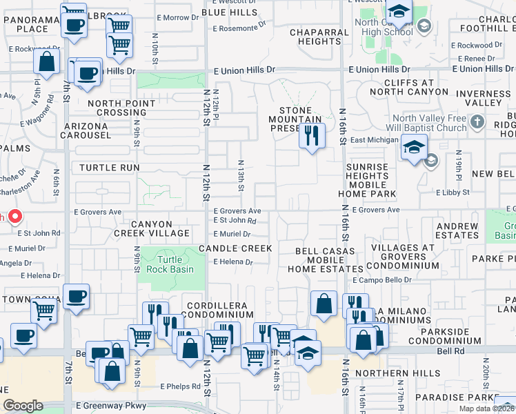 map of restaurants, bars, coffee shops, grocery stores, and more near 1346 East Grovers Avenue in Phoenix