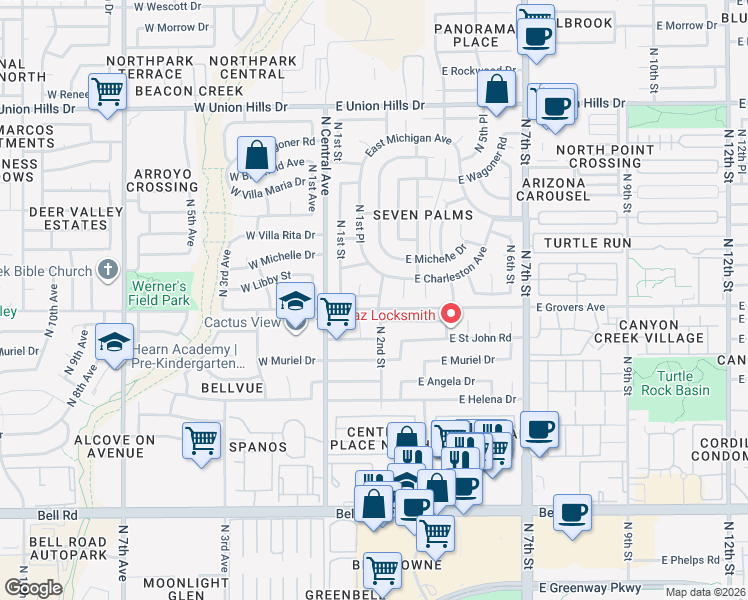 map of restaurants, bars, coffee shops, grocery stores, and more near 17823 North 1st Place in Phoenix