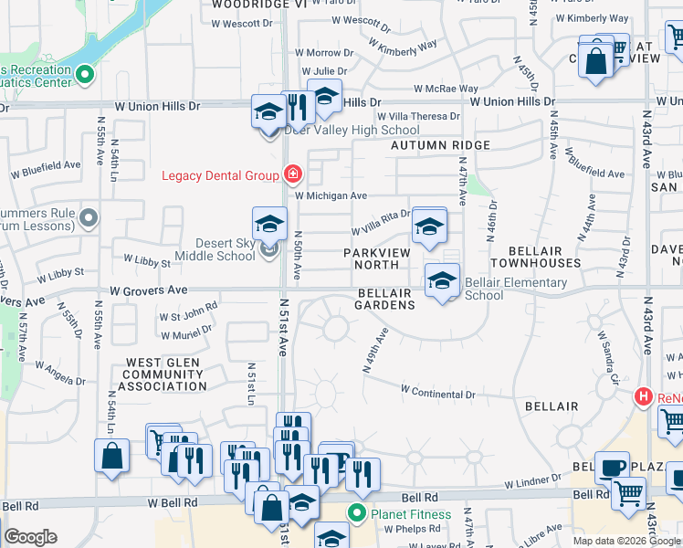 map of restaurants, bars, coffee shops, grocery stores, and more near 4950 West Libby Street in Glendale