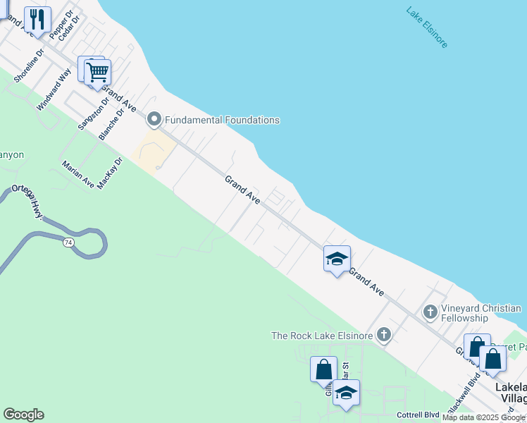 map of restaurants, bars, coffee shops, grocery stores, and more near 2 Olive Street in Lake Elsinore