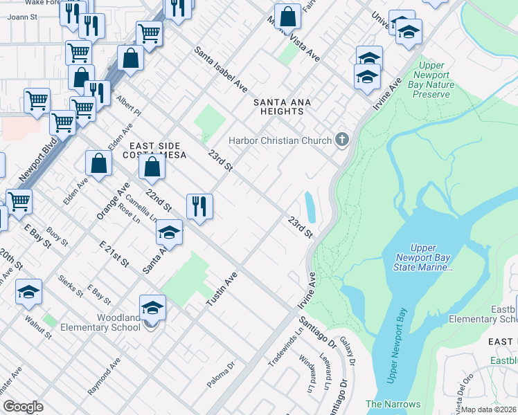 map of restaurants, bars, coffee shops, grocery stores, and more near 2290 Redlands Drive in Newport Beach