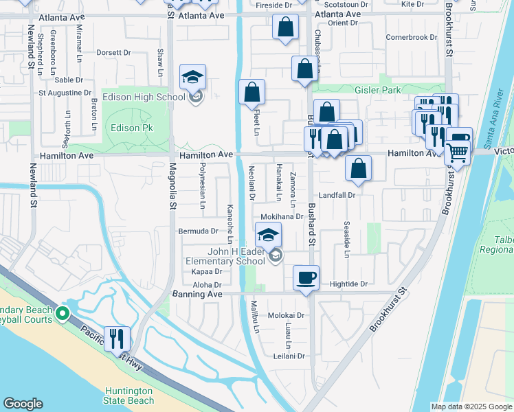 map of restaurants, bars, coffee shops, grocery stores, and more near 21671 Impala Lane in Huntington Beach