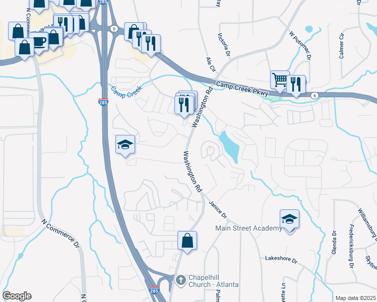 map of restaurants, bars, coffee shops, grocery stores, and more near 3950 Washington Road in Atlanta