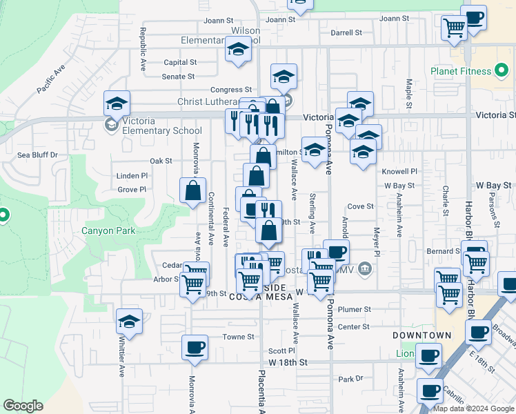 map of restaurants, bars, coffee shops, grocery stores, and more near 2015 Placentia Avenue in Costa Mesa