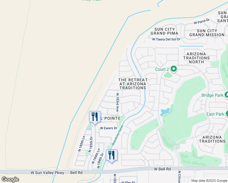 map of restaurants, bars, coffee shops, grocery stores, and more near 18339 West Weatherby Drive in Surprise
