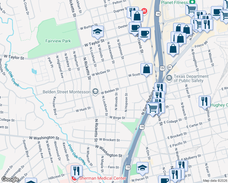 map of restaurants, bars, coffee shops, grocery stores, and more near 408 West Belden Street in Sherman