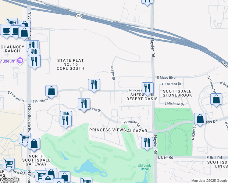 map of restaurants, bars, coffee shops, grocery stores, and more near 7777 East Princess Boulevard in Scottsdale