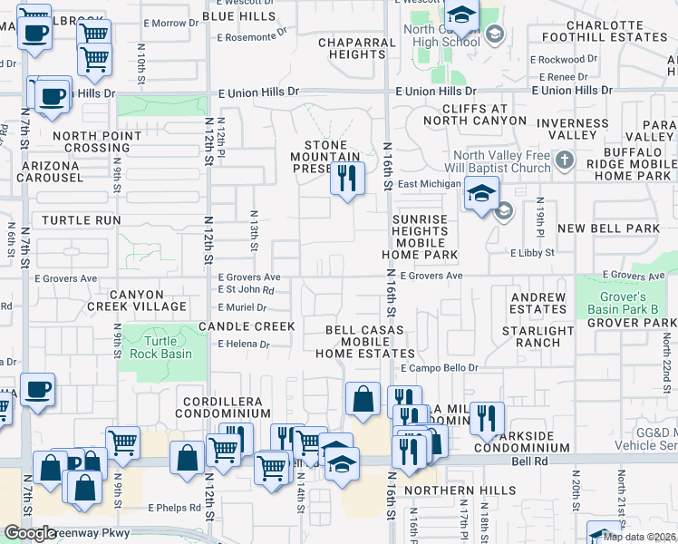 map of restaurants, bars, coffee shops, grocery stores, and more near 1446 East Grovers Avenue in Phoenix