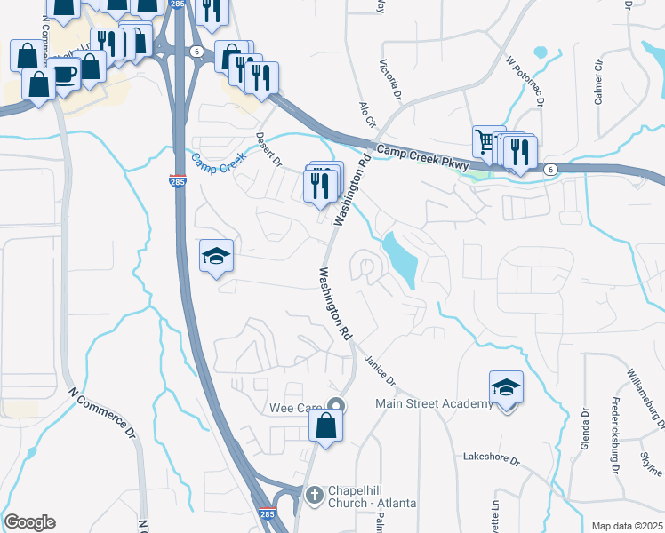 map of restaurants, bars, coffee shops, grocery stores, and more near 3950 Washington Road in Atlanta
